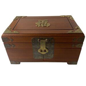 Vintage Chinese Wooden Jewelry‎ Box Chest Brass Hardware Red Velvet Hong Kong